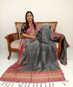 SEMI JUTE SILK FLORAL PRINTED SAREE