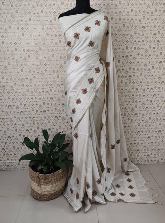 SEMI TUSSER SILK EMBROIDERED SAREES