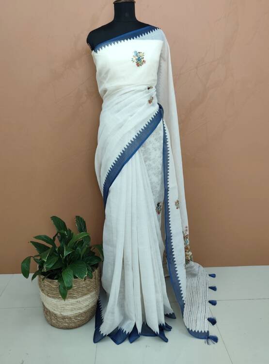 LINEN COTTON HAND  EMBROIDERED SAREES