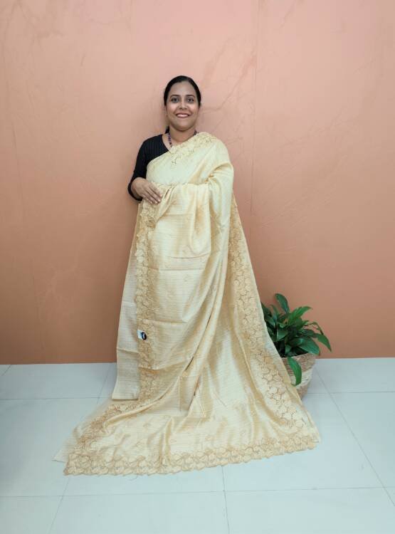 SEMI JUTE SILK CUTWORK SAREES WITH BLOUSE-42587